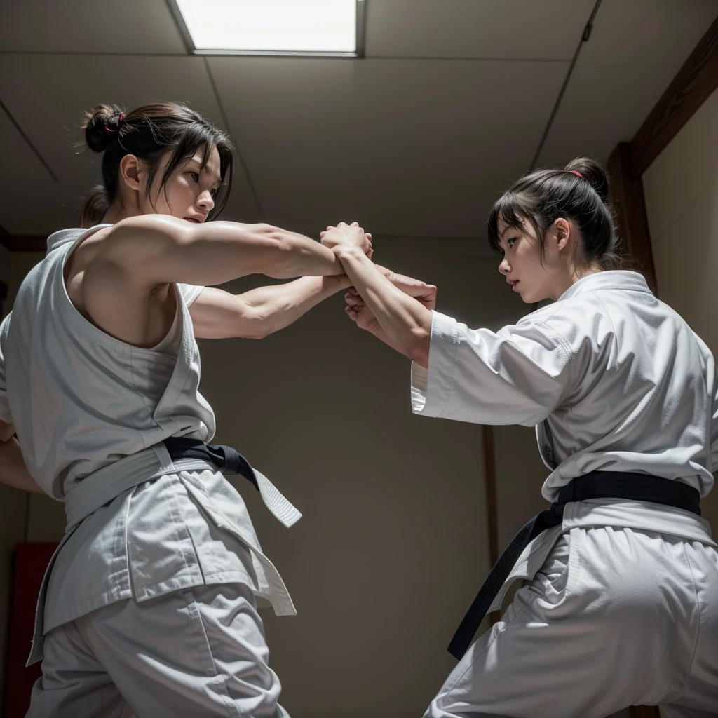 several people in a room with a wall and a wall with a flag, in a dojo, training, wearing a white kimono, Karate, martial arts, doing martial arts, Classification, aikido, dramatic action shot, getting ready to fight, posture of fight, martial arts tournament, hand to hand combat, Karate kick, Giving a kick, dynamic action photo, white belt