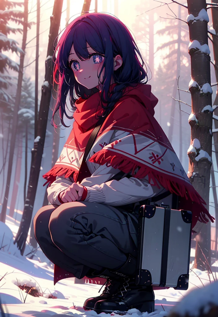 aihoshino, Ai Hoshino, Long Hair, bangs, (Purple eyes:1.1), Purple Hair, (Symbol-shaped pupil:1.5), smile,,smile,blush,white breath,
Open your mouth,snow,Ground bonfire, Outdoor, boots, snowing, From the side, wood, suitcase, Cape, Blurred, , forest, White handbag, nature, Squat, Mouth closed, Cape, winter, Written boundary depth, Black shoes, red Cape break looking at viewer, Upper Body, whole body, break Outdoor, forest, nature, break (masterpiece:1.2), Highest quality, High resolution, unity 8k wallpaper, (shape:0.8), (Beautiful and beautiful eyes:1.6), Highly detailed face, Perfect lighting, Extremely detailed CG, (Perfect hands, Perfect Anatomy),