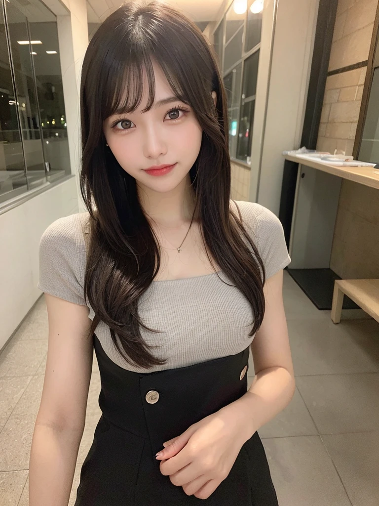 (masterpiece:1.3), (8k, Photorealistic, RAW Photos, Best image quality: 1.4), 26-year-old girl、(Random Hairstyles:1.2)、Super detailed face、Attention to detail、double eyelid、Sharp focus:1.2、Beautiful woman:1.4、Light brown hair、Highest quality、masterpiece、Ultra-high resolution、(Photorealistic:1.4)、Highly detailed and professional lighting、thin、smile、Black long hair、Deadly position、Clear Skin、Random pose、Shiny Hair、Sculpture model pose、whole body、Model style、Random outfit
