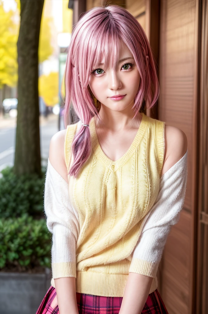 ph momo, momohd, phmomo, solo, 1girl,  pink hair, purple eyes, short hair, hair flower, sweater vest, ,(yellow sweater:1.2), big eyes, plaid skirt, black thighhighs, (masterpiece:1.6, best quality),  (finely detailed beautiful eyes: 1.2), ultra-detailed, illustration,beautiful detailed eyes, (yandere:1.4), (empty eyes),  backlighting, looking at viewer, blush, smile, (masterpiece, finely detailed beautiful eyes: 1.2), detailed eyes, hyper detailed,light smile, highly detailed, beautiful, small details, ultra detailed, best quality, intricate, hyperrealism, sharp, digital illustration, detailed, realism, intricate, 4k, 8k, trending on artstation, good anatomy, beautiful lighting, award-winning, photorealistic, realistic shadows, realistic lighting, beautiful lighting, raytracing, intricate details, moody, rule of thirds, masterpiece, (illustration:1.1), highres, (extremely detailed CG, unity, 8k wallpaper:1.1), beautiful face, highly detailed face, ultra realistic, masterpiece, bokeh, pink hair,extremely detailed, intricate, zoomout, colorful, vibrant colors, red nail polish, side view,standing,whole body,green skirt, plaid, plaid skirt, sainan high , , skirt, sweater vest,