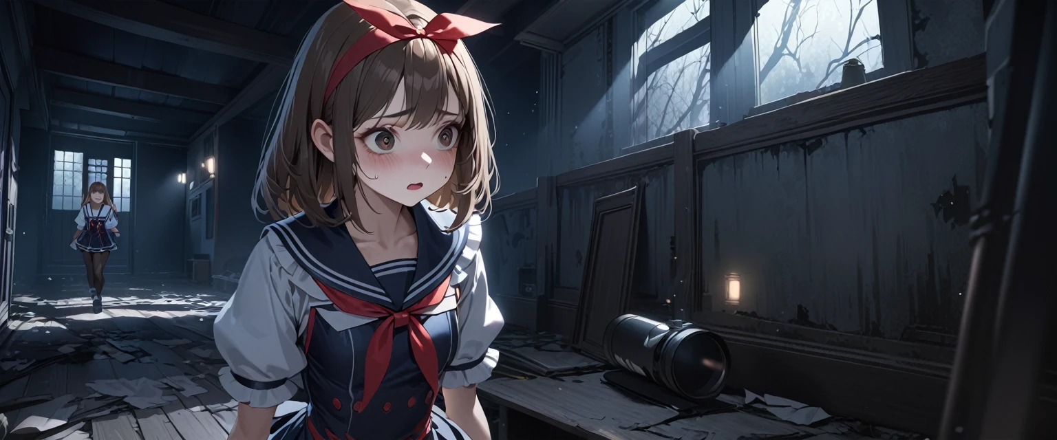 (Highest quality,4K,High resolution),Very detailed,Realistic, Japanese , Looks scared, Long brown hair,Mysterious, Ecomodernism, Bokeh, Ribbon Headband,Small breasts,futuristic sailor lolita dress,Puff sleeves,White and blue,Colorful lighting, Red ribbon, Dark blue pantyhose,sports boots, Have a flashlight, Walking alone through a haunted abandoned house, At night, Low light, darkness, Very detailed, 4K.