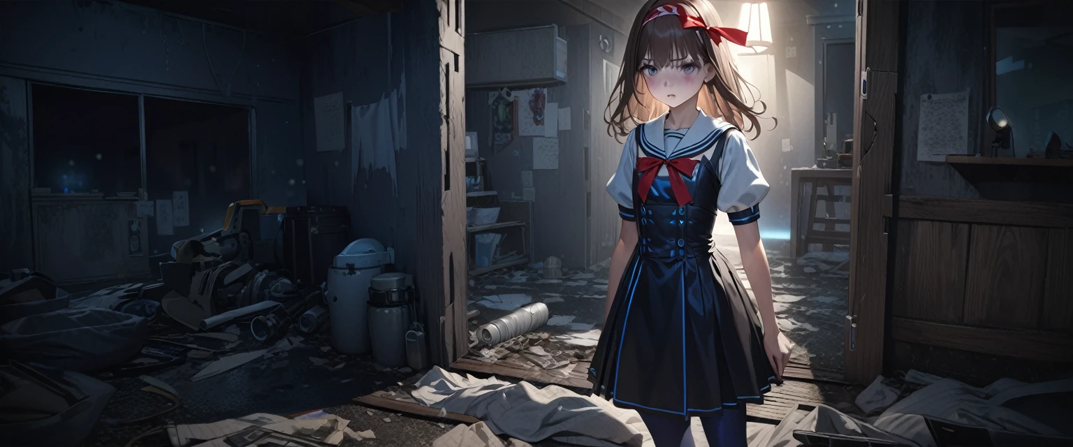 (Highest quality,4K,High resolution),Very detailed,Realistic, Japanese , Looks scared, Long brown hair,Mysterious, Ecomodernism, Bokeh, Ribbon Headband,Small breasts,futuristic sailor lolita dress,Puff sleeves,White and blue,Colorful lighting, Red ribbon, Dark blue pantyhose,sports boots, Have a flashlight, Walking alone through a haunted abandoned house, At night, Low light, darkness, Very detailed, 4K.