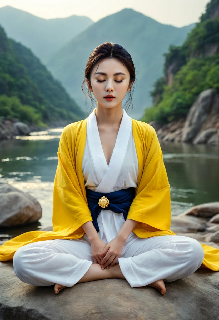 A Korean girl sitting in lotus position,white clothes, yellow robe, gold jewelry, closed eyes, mountain,river, blue shade lightning.