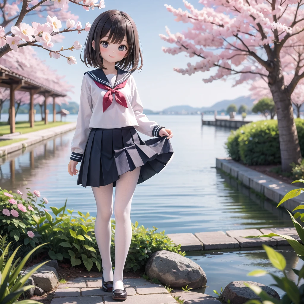 (masterpiece),  Outdoor,  cherry blossoms,  petal,  sunlight,  lake,  One Girl,  blush,  smile,  Medium Hair,  Sailor suit,Long skirt, Overgrown, petal, plant、Skirt lining、White slip、nostalgic、pantyhose（gray）、You can see the sea in the distance, Crotch close-up