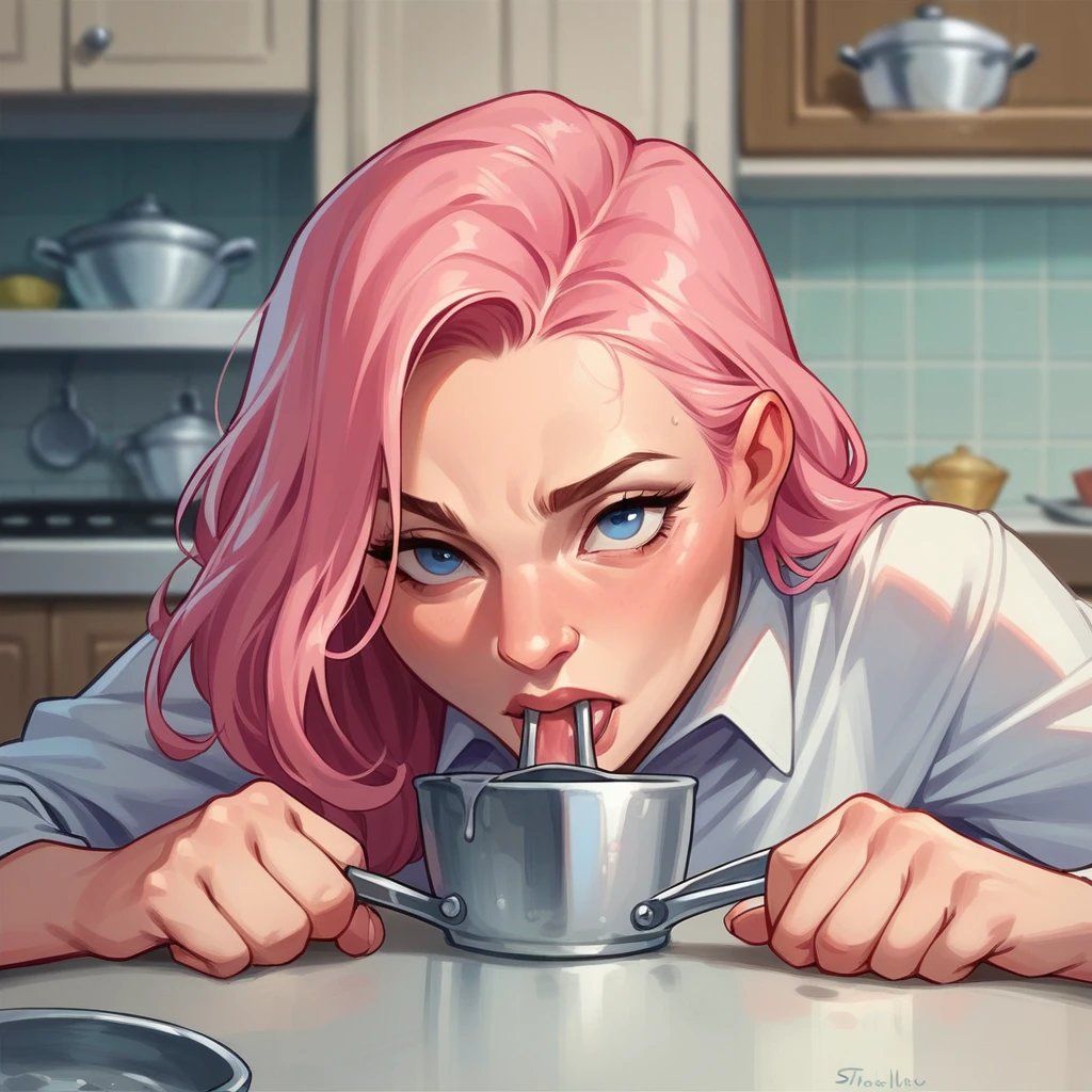 Natalie Portman in kitchen, face fuck, pink hair, blue eyes
