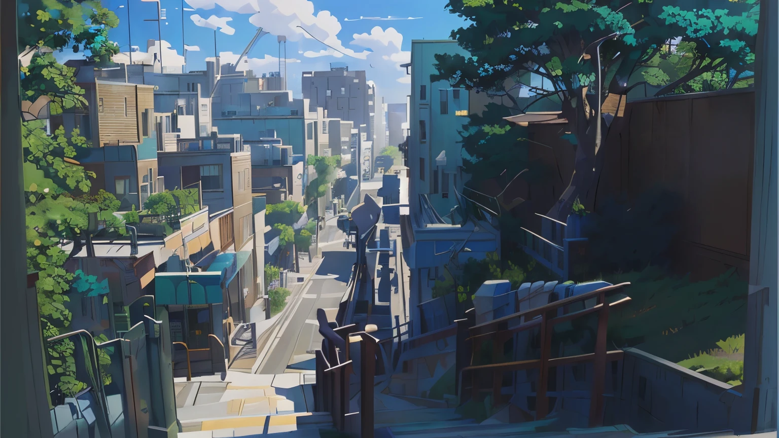 painting of a city street with a staircase going up to a building, style of makoto shinkai, makoto shinkai. high detail, makoto shinkai. —h 2160, studio glibly makoto shinkai, tokyo anime scene, by Makoto Shinkai, by makoto shinkai, overgrowth. by makoto shinkai