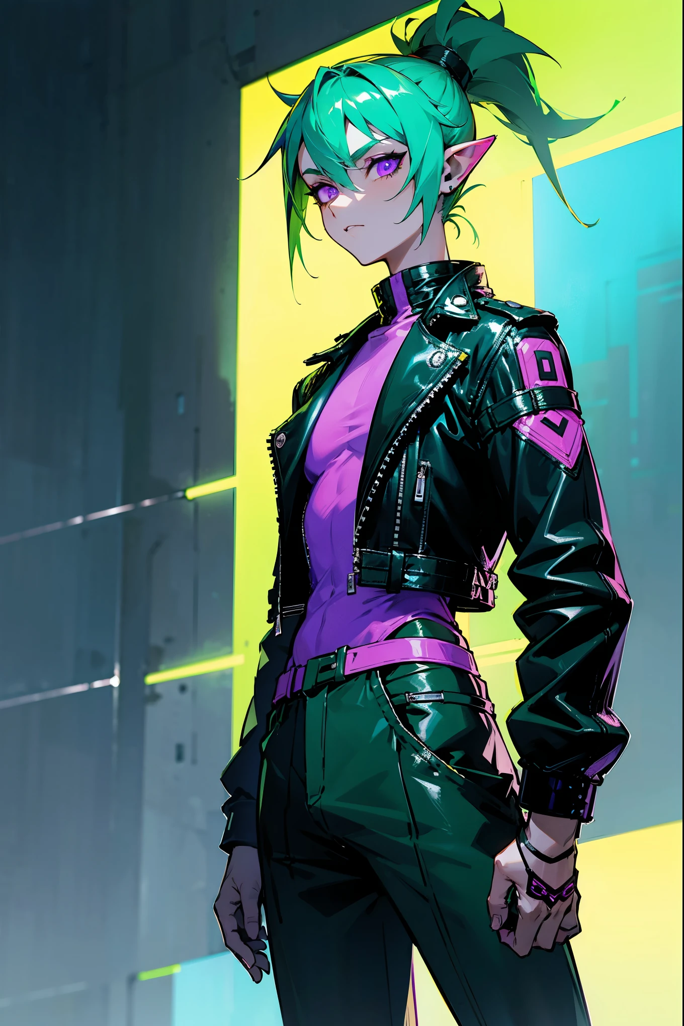 1male, green hair, sleek ponytail, pointed ears, violet eyes, fitted leather jacket, baggy pants, standing in a futuristic city with neon lights