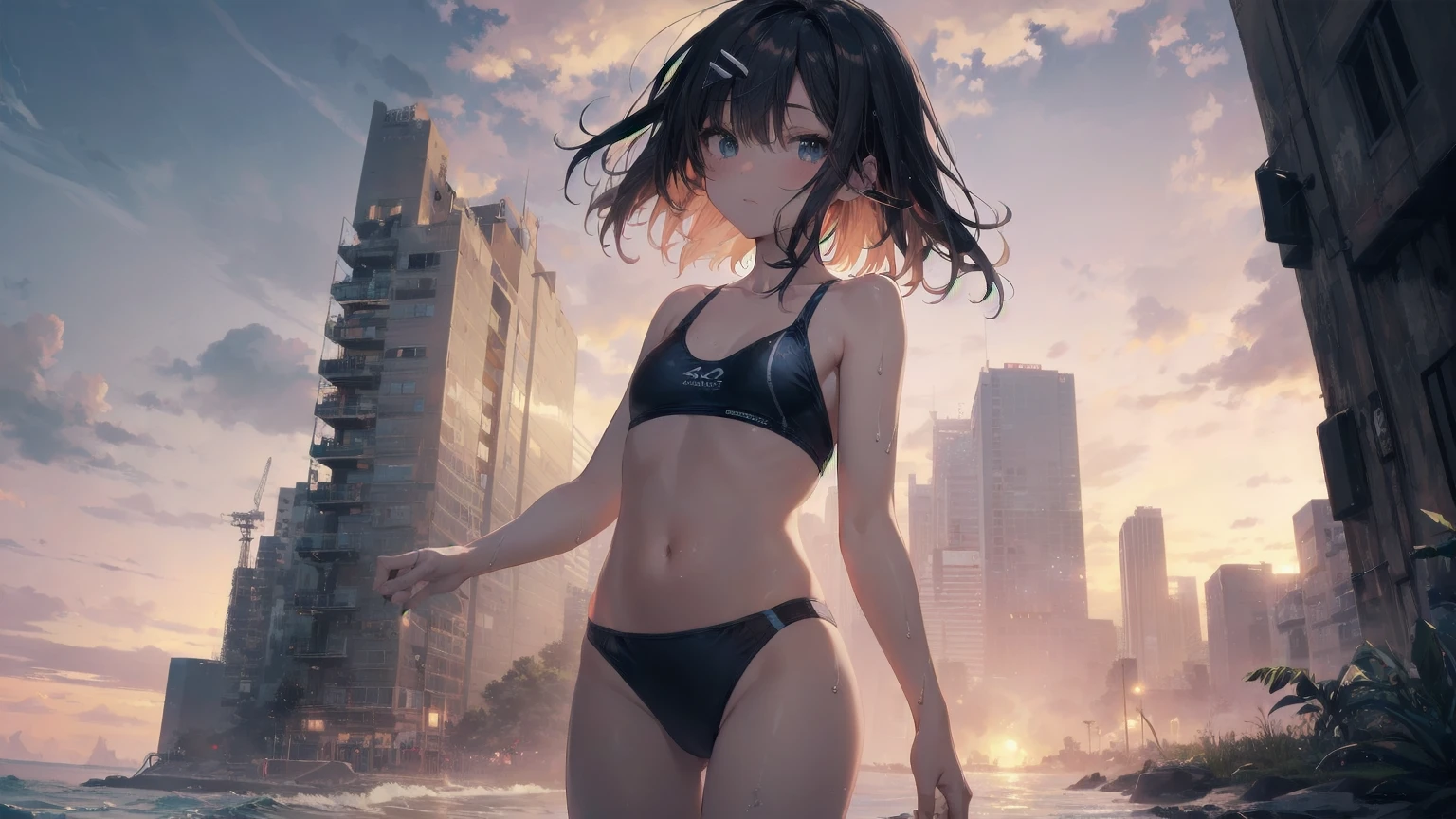 Highest quality, Anime Moe Art Style,Best Anime 8K Konachan Wallpaper,pixiv Contest Winner,Perfect Anatomy, break,(Please draw a picture of a girl in a Swimwear walking on the beach.),break, One is an unlucky beautiful girl.,(alone,in addition,,14 years old:1.3),,Complete limbs, Full Finger,  short hair, amount, (Hair on one eye:1.4),Small breasts, Small Ass, Beautiful attention to detail, Well-proportioned pupils,Between the legs, Wet, Glowing Skin, Cowboy Shot, Hair Clip, Swimwear, At the Beach.break,Very detailed,High resolution,Very detailed肌, 
Optimal lighting with AI, shape,
