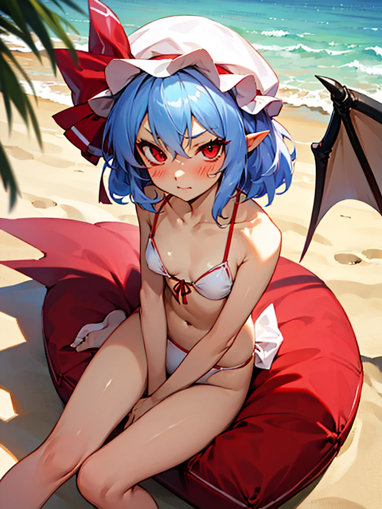 Remilia Scarlet,White Bikini,blush,Sandy Beach,Sitting flat,羽なし