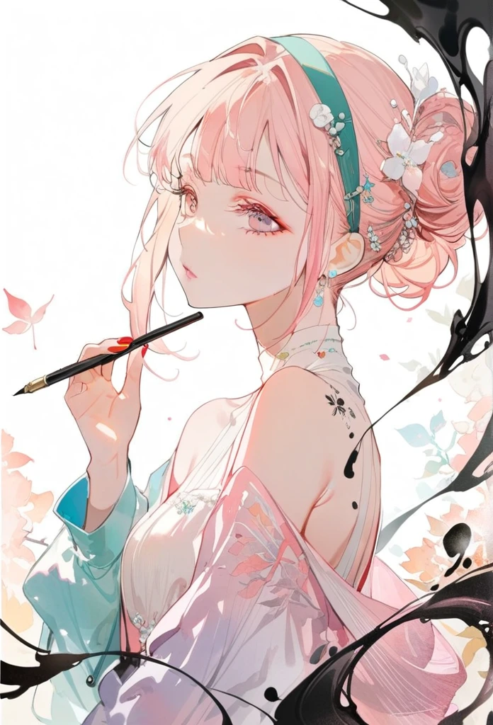 (8K, best quality, masterpiece:1.2),(best quality:1.0), (Ultra-high resolution:1.0), watercolor, A beautiful woman, Shoulder, Headband, author:Agnes cecile, Half-length portrait, Extremely bright design, Soft colors, (ink:1.3), Autumn Lights,