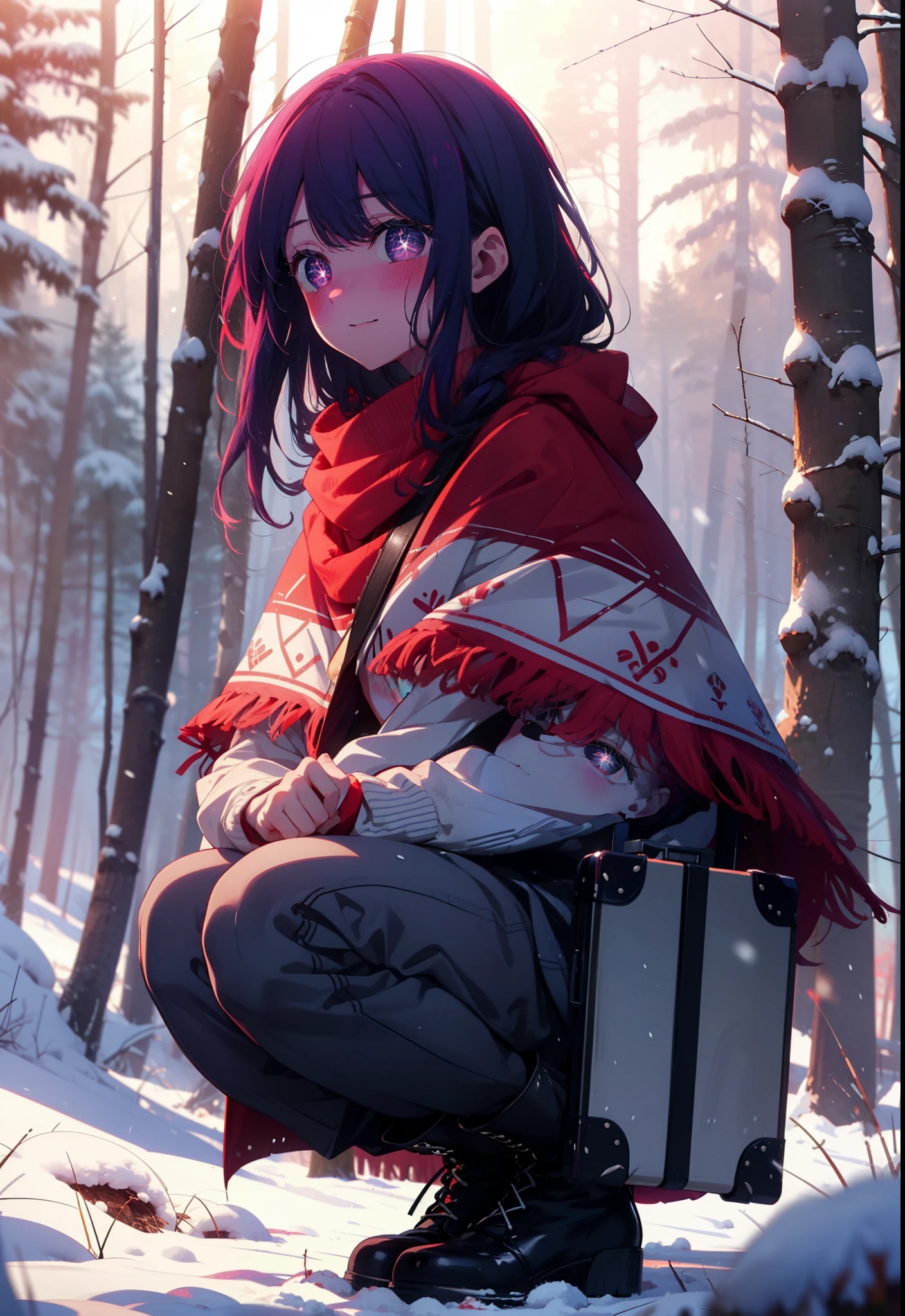 aihoshino, Ai Hoshino, Long Hair, bangs, (Purple eyes:1.1), Purple Hair, (Symbol-shaped pupil:1.5), smile,,smile,blush,white breath,
Open your mouth,snow,Ground bonfire, Outdoor, boots, snowing, From the side, wood, suitcase, Cape, Blurred, , forest, White handbag, nature,  Squat, Mouth closed, Cape, winter, Written boundary depth, Black shoes, red Cape break looking at viewer, Upper Body, whole body, break Outdoor, forest, nature, break (masterpiece:1.2), Highest quality, High resolution, unity 8k wallpaper, (shape:0.8), (Beautiful and beautiful eyes:1.6), Highly detailed face, Perfect lighting, Extremely detailed CG, (Perfect hands, Perfect Anatomy),