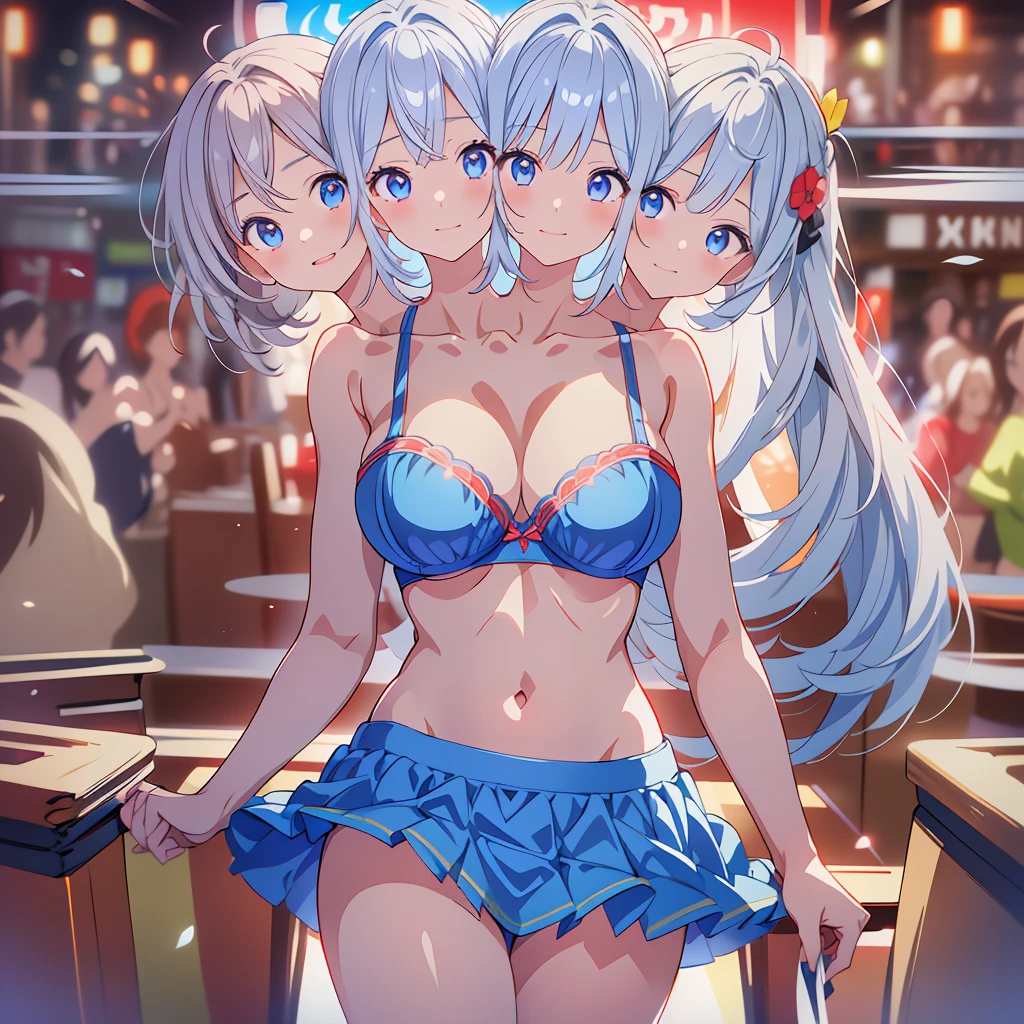 (masterpiece),(ultra-detailed), (high quality), (high resolution), (best quality:1.5, highres, UHD), highres, absurdo, ultra detail, ultra quality, Ultra resolution, 16k, ((3heads:1.5)), 1girl, anime girl with two heads, silver gray hair, ((blue t shirt)), casual wear, city background, smiling, shopping mall, age girl, vibrant lighting, blue skirt, (red sports bra), glowing blue eyes