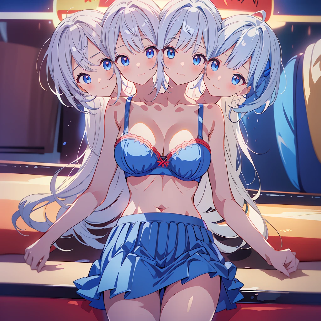 (masterpiece),(ultra-detailed), (high quality), (high resolution), (best quality:1.5, highres, UHD), highres, absurdo, ultra detail, ultra quality, Ultra resolution, 16k, ((3heads:1.5)), 1girl, anime girl with two heads, silver gray hair, ((blue t shirt)), casual wear, city background, smiling, shopping mall, teenage girl, vibrant lighting, blue skirt, (red sports bra), glowing blue eyes