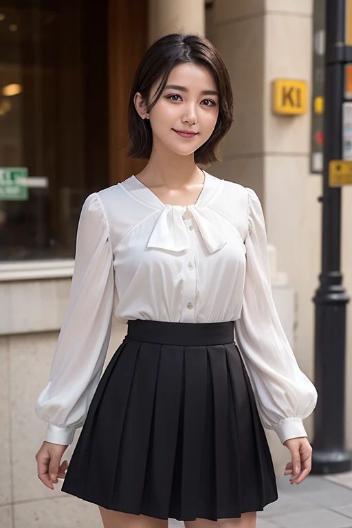 (Highest quality,masterpiece:1.3,Ultra-high resolution),(Very detailed,Caustics,8k),(Realistic:1.4,RAW shooting),1 girl,(I'm looking at the camera with a smile on my face),Side Shot,20-year-old,cute,Japanese,Short black hair,Long sleeve blouse,big ,Bust up shot,street,Face Focus,Lens flare,Professional Writing,The top of her skirt is visible.