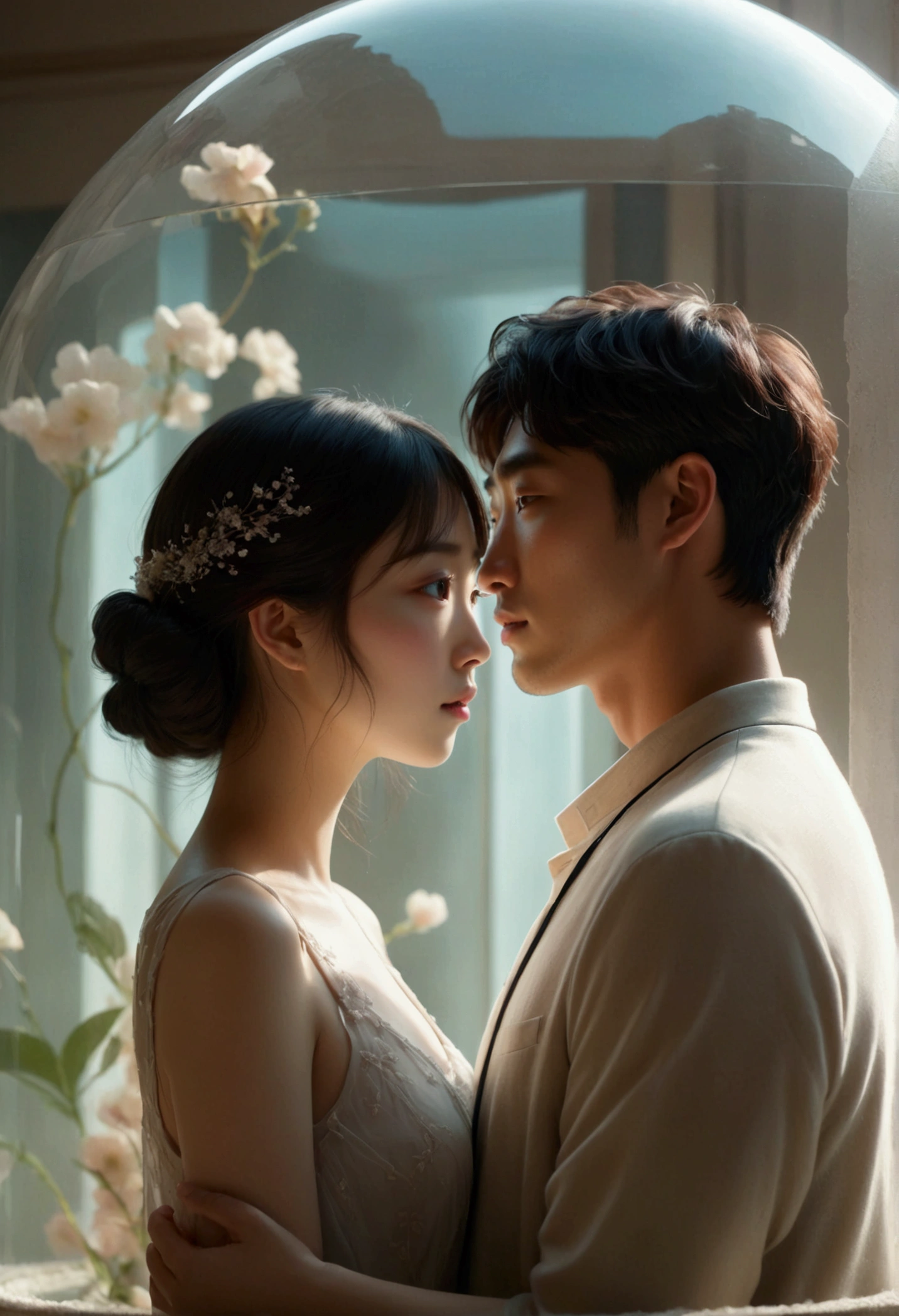 Eye-catching glass dome, Reality, A glass dome separates a Korean couple, Delicate face, Express emotions, light, atmosphere, Soft tones, Moody, emotional, number, Concept Art