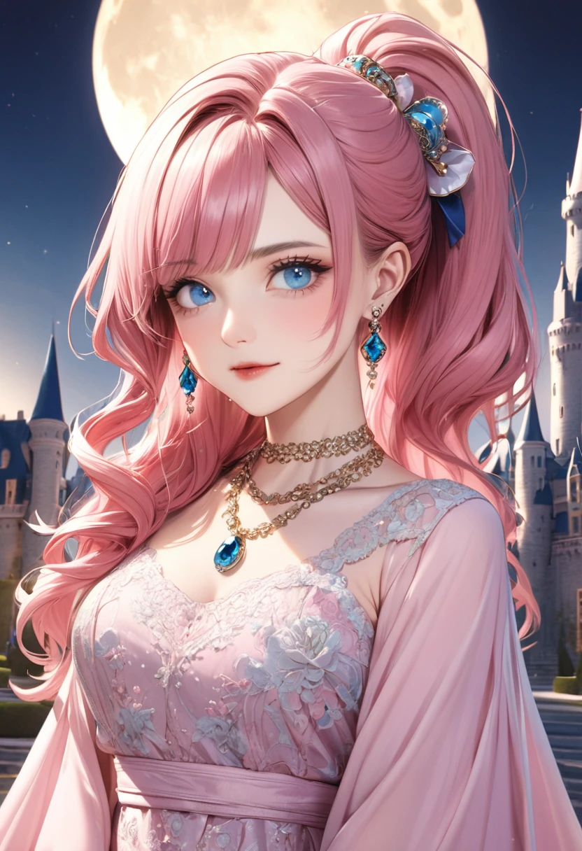 1 female Pink hair ponytail Pink eyebrows Dull light blue eyes Socialite debut Long dress Castle and full moon hair ornaments Earrings and matching necklace