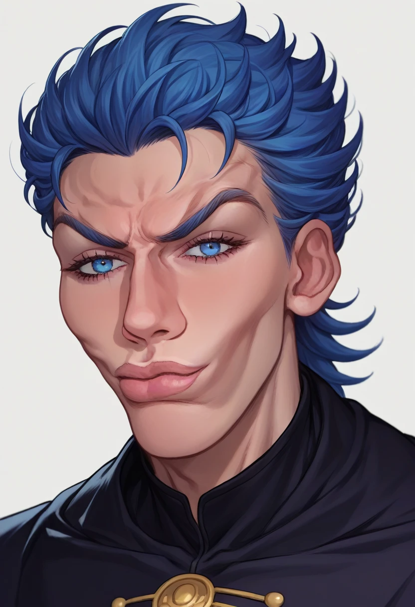 score_9, score_8_up, score_7_up, source_anime, SkylerWhiteYo, closed mouth, black coat, blue hair, blue eyes, JoJo, JoJo style, JoJo's Bizarre adventure