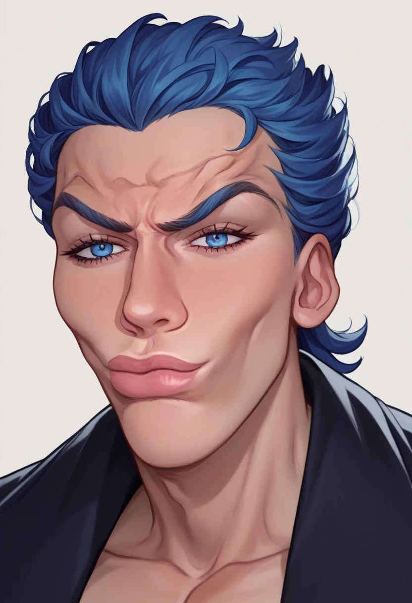 score_9, score_8_up, score_7_up, source_anime, SkylerWhiteYo, closed mouth, black coat, blue hair, blue eyes, JoJo, JoJo style, JoJo's Bizarre adventure