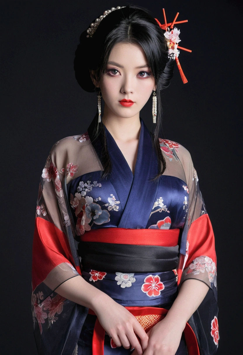 1 girl, alone, looking at the viewer, Blue eyes, black hair, hair ornaments, Upper body, kimono, kimono, sash, compensate, lipstick, red nails, red lips, Hairpin,silk stockings ,See-through hakama, dark purple eyes,Navy blue kimono on black background ,Open Crotch See-Through,Black face veil , black nylon , silk stockings ,See-through hakama、A transparent black kimono ,Sheer Lingerie,enamel high heels,pearl necklace,red collar,straight, shortcut, hair ornaments,