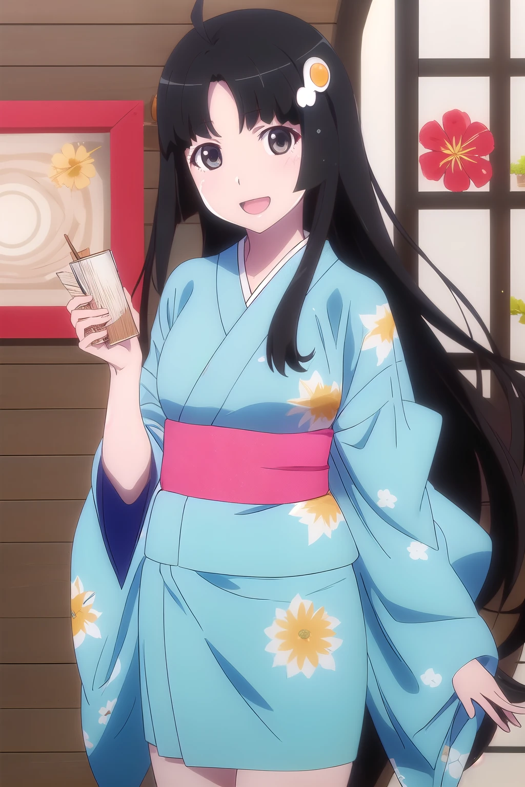 (high quality), (high resolution), (high quality), (masterpiece), (detailed), (araragi tsukihi), One girl, looking at viewer,, hair ornaments, egg hair ornaments, inery long hair, Parted bangs, Ahoge, kimono, Blue kimono, smile, Open your mouth, garden, wood, Flowers,