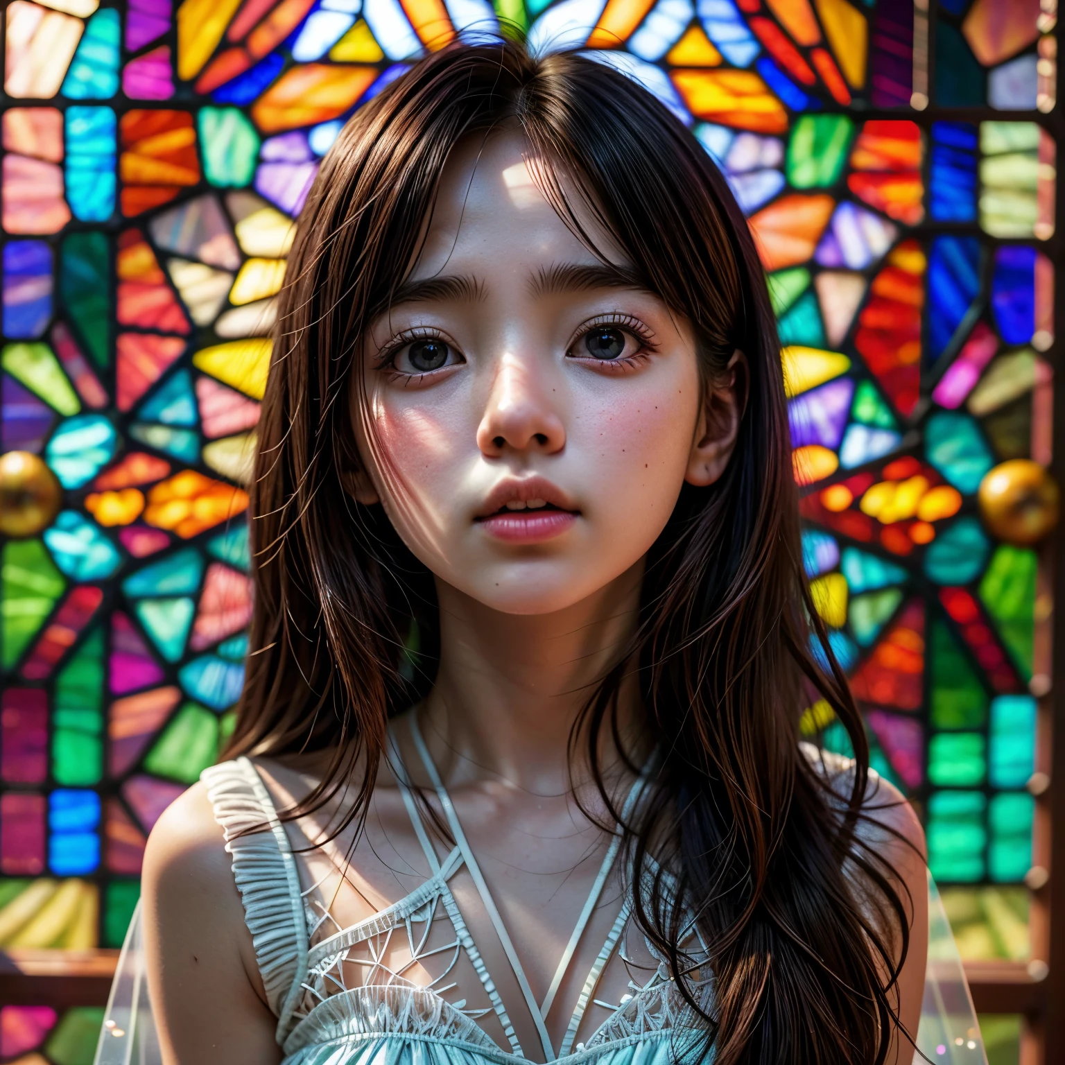 SFW 14yo, concept art, (PICHIPICHI KAWAII junior idol), (Detailed Delicate lace knitted white clothes), (nipple:-0.9), face closeup, (Elaborate stained glass Background:1.37), (((Renbutsu Misako), colorful Light shines through delicate stained glass:1.2, vivid red colors, Luminous Particles, light Particles))(Acutance:0.8). (ProfessionalPhoto:1.2),(ultra-detailed:1.37), (Extremely detailed KAWAII face variations, innocent expression variations), rosy cheeks, intricate detailed eyes with sparkling highlights, long eyelashes with volume, subtle blush on the face. Mystic sight, haze, Impeccable Radiant PearlSkin with Transparency, captivating gaze, ((Dynamic-angle)), whole Body proportions and all limbs are anatomically accurate . (Exposed:0.64)