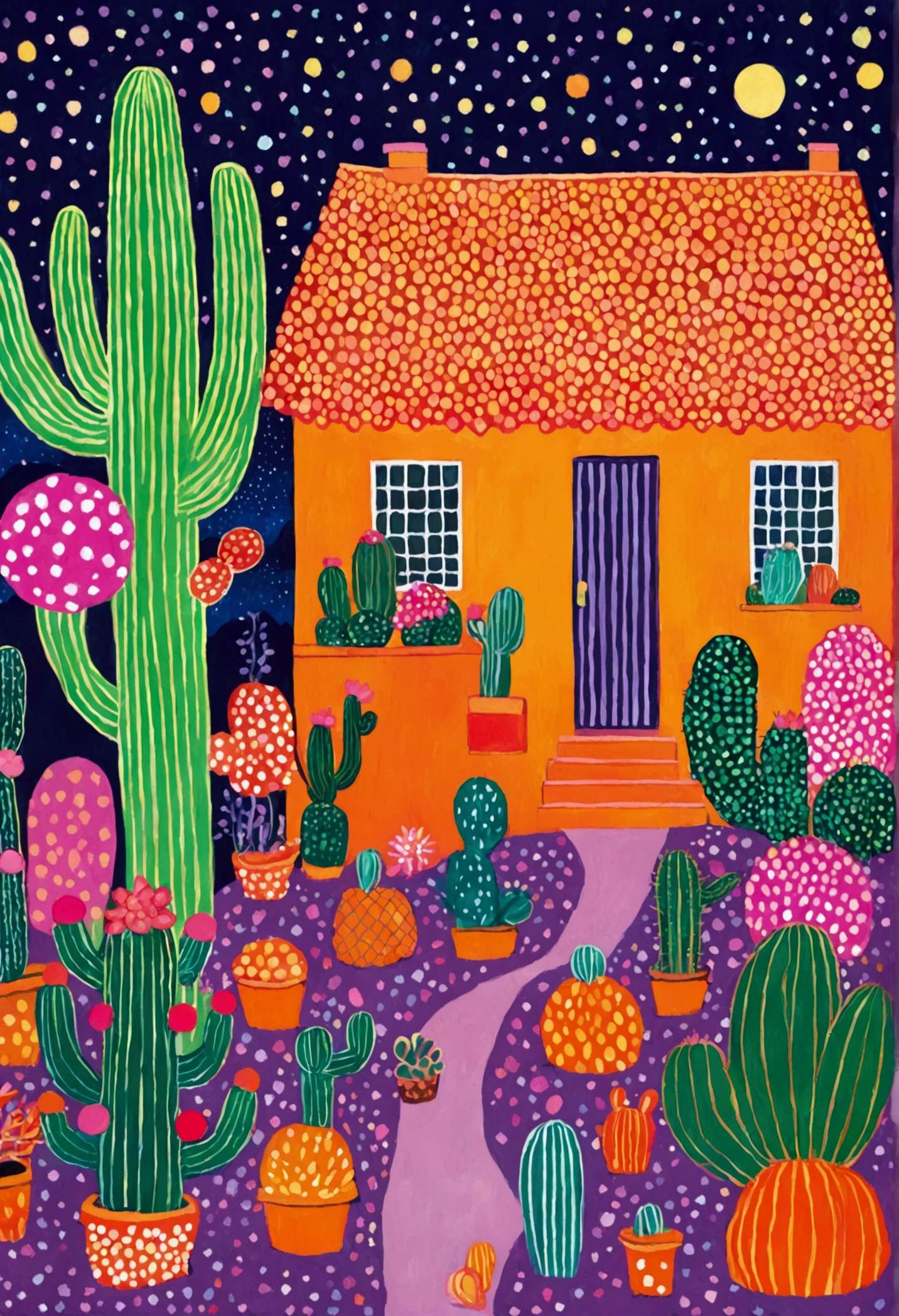 A painting。pastel artwork。Purple，orange color，Flat illustration，Dot、line、Neon，cactus，Star、house、Tree、firefly，Dreamy colors，Illustration style（Artists can refer to Yayoi Kusama）