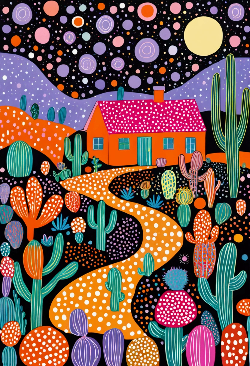 A painting。pastel artwork。Purple，orange color，Flat illustration，Dot、line、Neon，cactus，Star、house、Tree、firefly，Dreamy colors，Illustration style（Artists can refer to Yayoi Kusama）