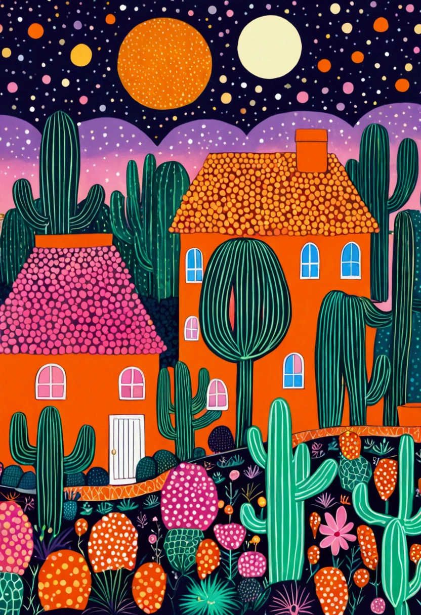A painting。pastel artwork。Purple,orange color,Flat illustration,Dot、line、Neon,cactus,Star、house、Tree、firefly,Dreamy colors,Illustration style(Artists can refer to Yayoi Kusama)