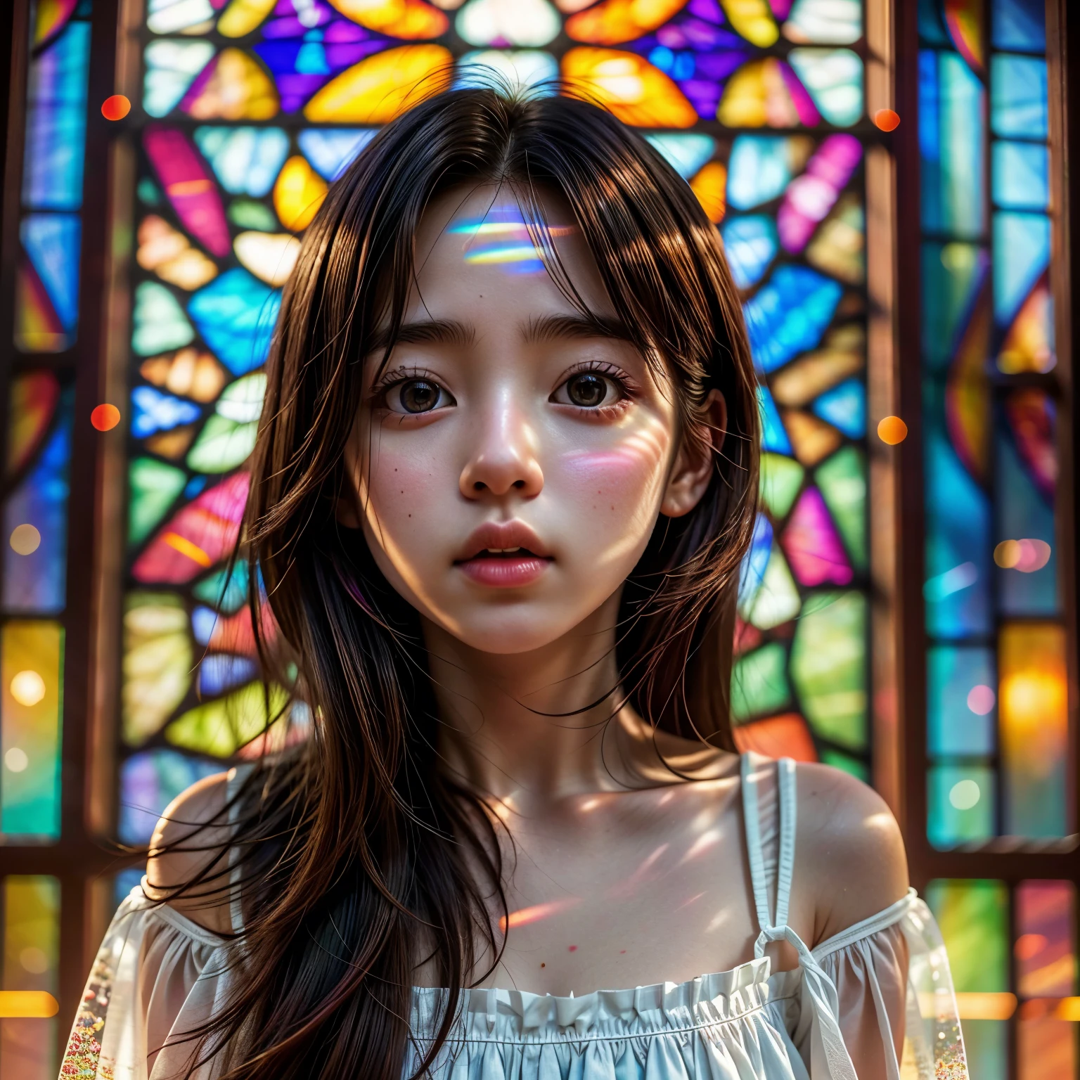 SFW 14yo, concept art, (PICHIPICHI KAWAII junior idol), (Detailed Delicate lace knitted white clothes), (nipple:-0.9), face closeup, (Elaborate stained glass Background:1.37), (((Renbutsu Misako), colorful Light shines through delicate stained glass:1.2, vivid red colors, Luminous Particles, light Particles))(Acutance:0.8). (ProfessionalPhoto:1.2),(ultra-detailed:1.37), (Extremely detailed KAWAII face variations, innocent expression variations), rosy cheeks, intricate detailed eyes with sparkling highlights, long eyelashes with volume, subtle blush on the face. Mystic sight, haze, Impeccable Radiant PearlSkin with Transparency, captivating gaze, ((Dynamic-angle)), whole Body proportions and all limbs are anatomically accurate . (Exposed:0.64)