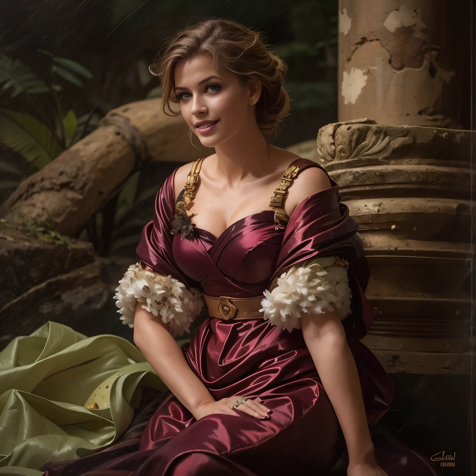 Best quality, masterpiece, ultra high res, (photorealistic:1.4), raw photo, Ancient Roman ruins, landscape in the style of Poussin, A smile, Sweet and seductive appearance. Caravaggio's paintings Chiaroscuro of Caravaggio Hair disheveled in the wind, Two women frolicking, Cute smile, Expression of ecstasy, A sexy, erotic, she flaunts her curvaceous figure in a stunning bespoke Deep Red silk satin dress, showcasing her adorable smile and tantalizing cleavage, perfect hands, Soft light and shadow, beautiful detailed eyes, beautiful detailed lips, extremely detailed eyes and face, white and platinum colors scheme, smiling in a confident, gentle smile, beautiful detailed glow, detailed, professional, ultra-detailed, intricate details, full body fashion model.