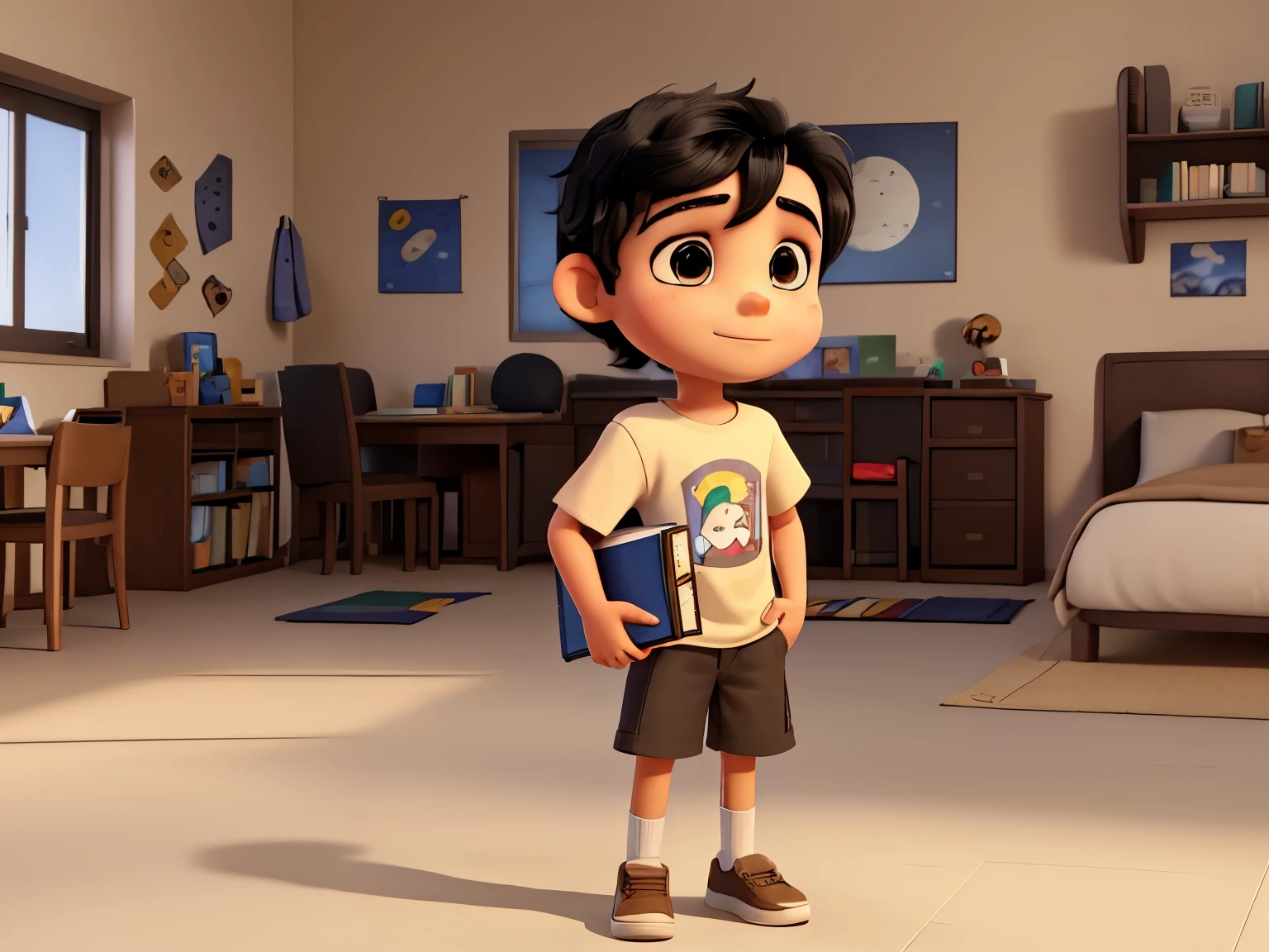 a picture of a seven year old boy, autistic person with black hair and brown eyes. he is wearing a t-shirt with no design, in light beige color. The boy is standing holding a book in his hand.