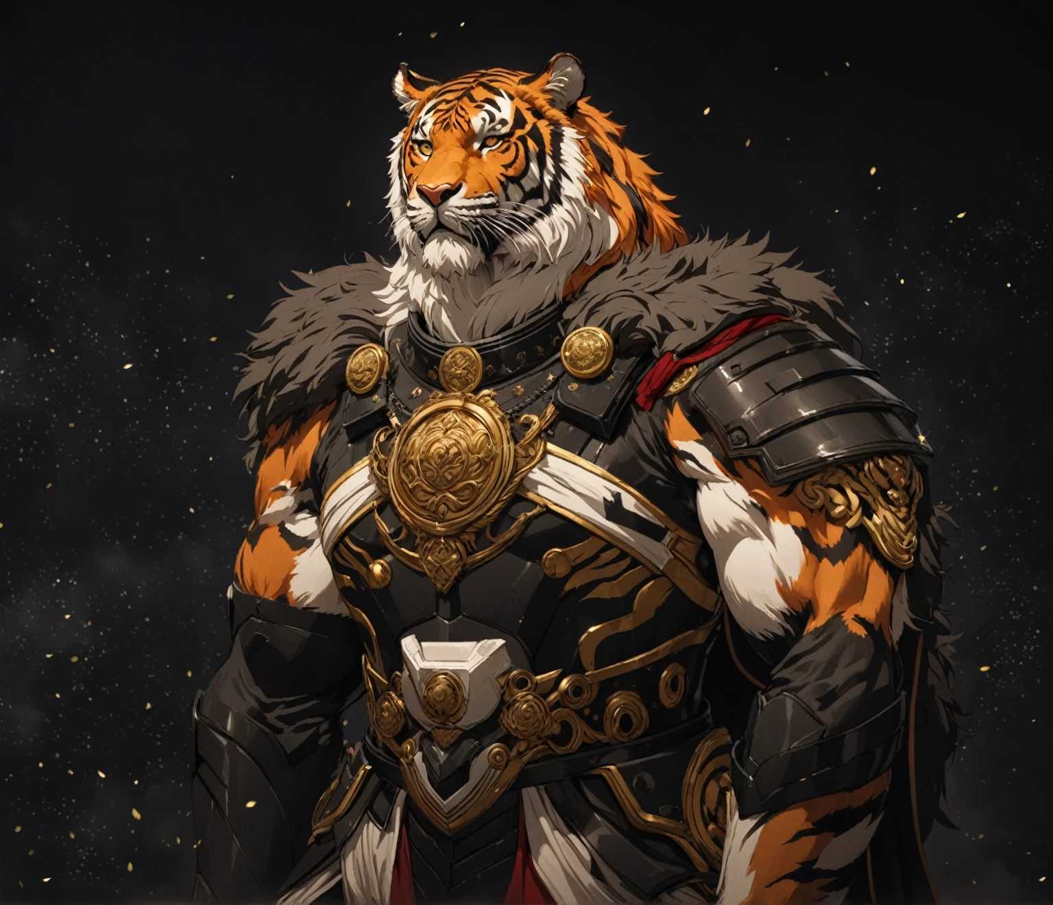 Tigerman, White Main Fur,Strong attitude,stand calmly,heroic posture,A perfect masterpiece,Various facial details,distance perspective,specific description,masterpiece,CG,(golden eyes),black and white pattern,Crimson tail,General,heroic posture,Tiger,black and white fur,specific facial details,((middle aged)),(Face focus),(16K),HD,black and white bell ,beard,(Noodles), Solo, (Black and White hair),Strong,muscle,(High resolution:1.3),(Standing in the room),(close up),(Detailed face:1.5),Perfect details,,(facial detail depiction:1.5),(Zoom in on face:1.5),(White Noodles:1.2),(Black Beard:1.3),(white face;1.6),white body, futuristic sci-fi aesthetic, black cape, armored black gauntlet
