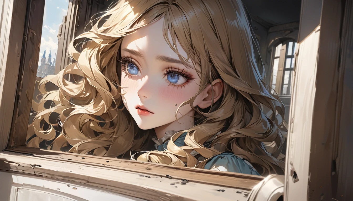 master piece, ultra detailed, hyper realistic, Looking out the window, Female servant, 20yo, Ragged and shabby servant dress, covered in soot, shedding tears and reflecting a deep sadness, wavy hair, yellow hair, silky hair, blue eyes, long eyelashes, yellow eyebrows, pale skin, A castle in the distance seen from the window, Fairy Tale World Feel, looking away,