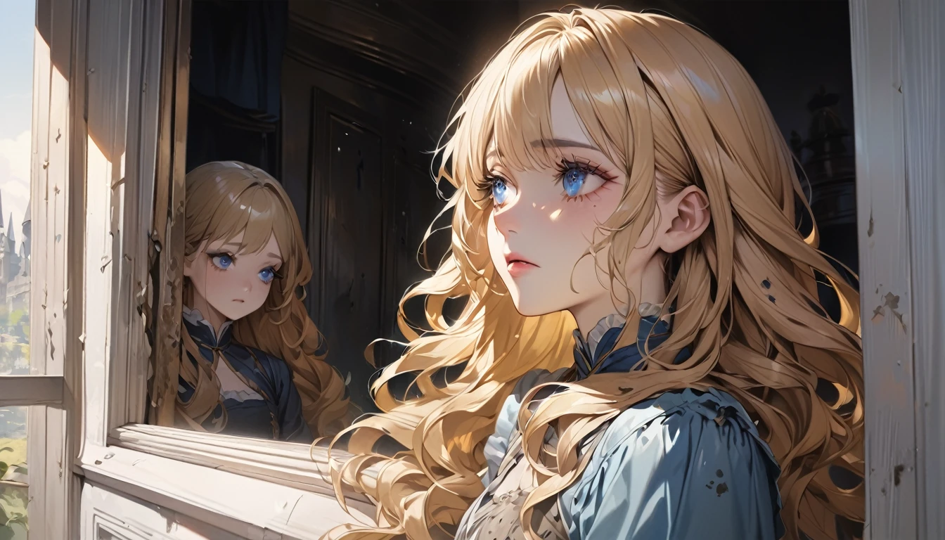 master piece, ultra detailed, hyper realistic, Looking out the window, Female servant, 20yo, Ragged and shabby servant dress, covered in soot, shedding tears and reflecting a deep sadness, wavy hair, yellow hair, silky hair, blue eyes, long eyelashes, yellow eyebrows, pale skin, A castle in the distance seen from the window, Fairy Tale World Feel, looking away,