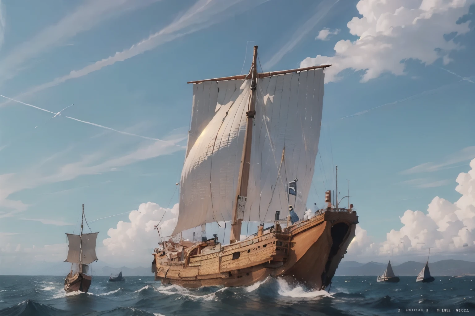 (Ocean landscape scene with ship)、(2:1.2)、(2の菱垣回船:1.2)、(Ship)、(Complete drawing from bow to stern:1.2)、 (One mast)、(sail)、膨らんだsail、Detailed Description、Blur the background、horizontal line、(masterpiece, Highest quality:1.2)、4K High Resolution、