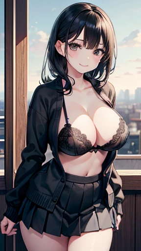(masterpiece:1.3, Highest quality, Ultra-high resolution, Very detailed), (Realistic:1.1, photoRealistic:1.4), Beautiful illustrations, Perfect lighting,Written boundary depth, Beautiful detailsまでこだわった髪, Beautifully detailed face, Beautiful details, Beautiful clavicle, Beautiful body, Beautiful and juicy breasts, Beautiful thighs, Beautiful feet, View your viewers, 1 girl,Perfect Face, (Perfect Anatomy, Anatomically correct), Cute and symmetrical face、Baby Face、((Shiny long hair)),(Beautiful views),(Outdoor, Blurry cityscape),(かわいいsmile, smile)、Sexy Body、(masterpiece),(Highest quality:1.3),8k,Very clear,(Ultra-realistic), One Girl,Wide Shot,((Very large breasts)),Wide Hips,Beautiful feet, Captivating woman,Sexy Girls(masterpiece、Highest quality、Very detailedな)、((Shorthair schoolgirl))、((Short black hair))、((Updo))、((black eye))、((Very large breasts))、((((Black bra))))、((Open grey cardigan))、((Open School Uniforms))、((Black mini skirt))、Cowboy Shot