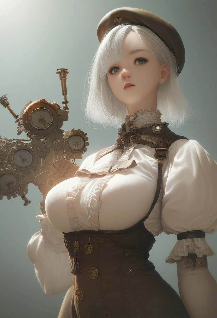 score_9, score_8_up, score_7_up, score_6_up, score_5_up, score_4_up, source_anime, medium shot, Steampunk model, sexy female, platinum blonde hair, beret, big breasts、sexy pose, anime big eye