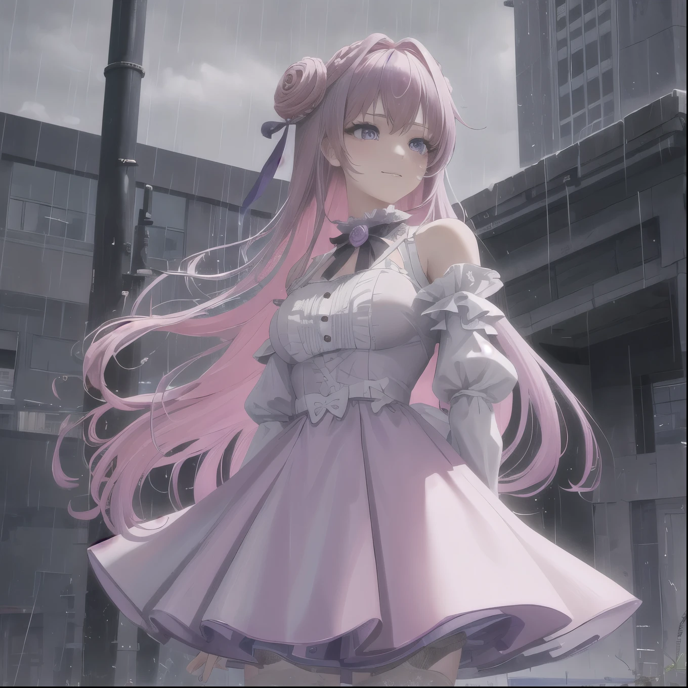 masterpiece, Highest quality, One girl, alone, Are standing, Dorothy,in the rain, Purple eyes, Pink Hair, Slight smile