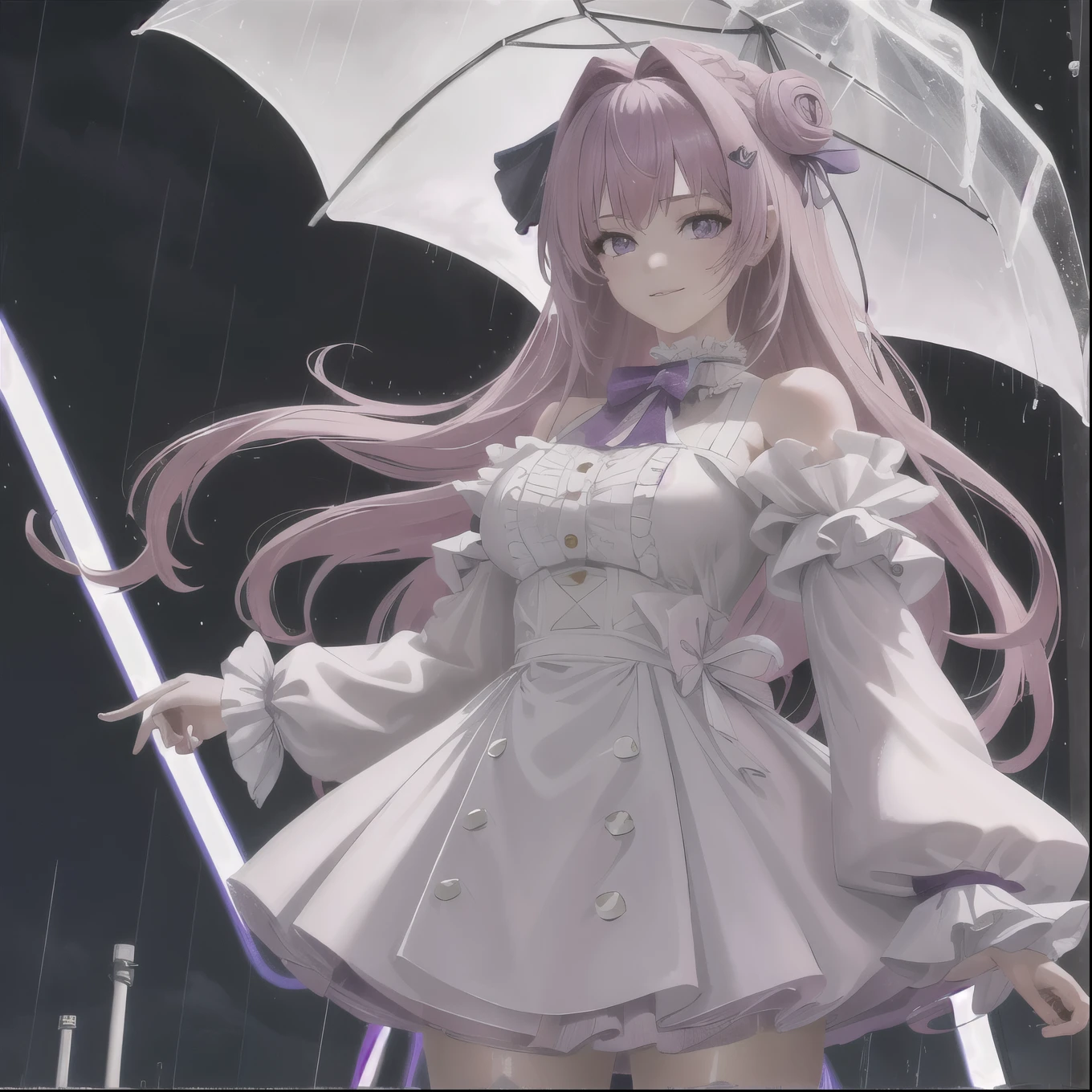 masterpiece, Highest quality, One girl, alone, Are standing, Dorothy,in the rain, Purple eyes, Pink Hair, Slight smile