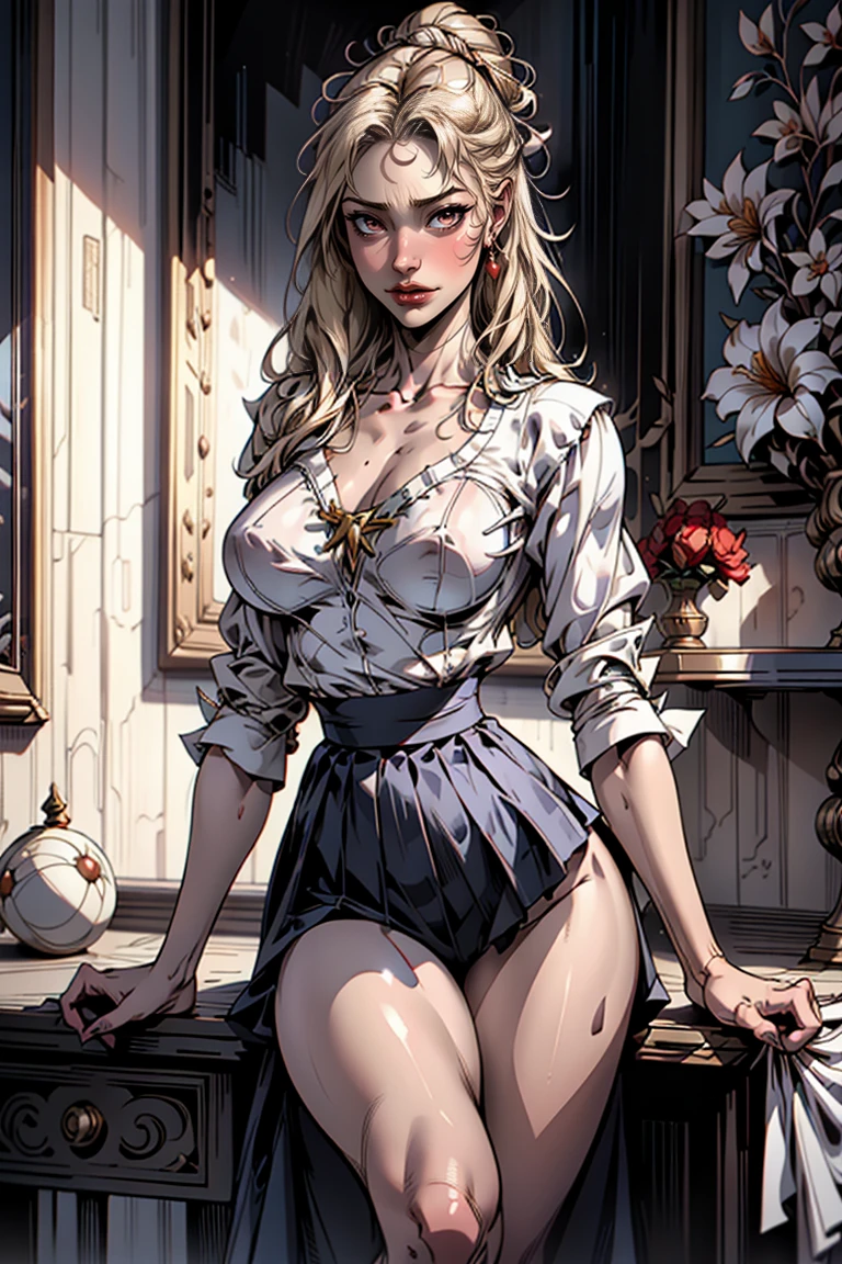 blonde woman, absurdities, raw photo, extremely delicate and beautiful, masterpiece, Best Quality, ultra high resolution, 32K, Hyper realistic, ultra detailed, perfect anatomy, super detailed skin, Perfect shape, super beauty, Perfect style, perfect balance, beautiful lighting, perfect lightning, realistic shadows, 20 years, very thin body, narrow waist, very small head, very small face, delicate facial features, Beautiful detailed woman, very detailed eyes and face., Realistic facial proportions, Beautiful realistic face, beautiful realistic eyes, crying mole, arete, very huge round breasts, legs, medium hair, Full body shot, interior, school_uniform, shirt, pleated skirt, socks, moccasins,