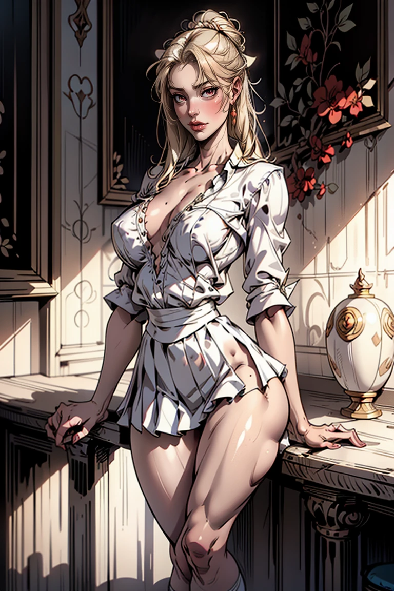 totally naked blonde woman, absurdities, raw photo, extremely delicate and beautiful, masterpiece, Best Quality, ultra high resolution, 32K, Hyper realistic, ultra detailed, perfect anatomy, super detailed skin, Perfect shape, super beauty, Perfect style, perfect balance, beautiful lighting, perfect lightning, realistic shadows, 20 years, very thin body, narrow waist, very small head, very small face, delicate facial features, Beautiful detailed woman, very detailed eyes and face., Realistic facial proportions, Beautiful realistic face, beautiful realistic eyes, crying mole, arete, very huge round breasts, legs, medium hair, Full body shot, interior, school_uniform, shirt, pleated skirt, socks, moccasins,