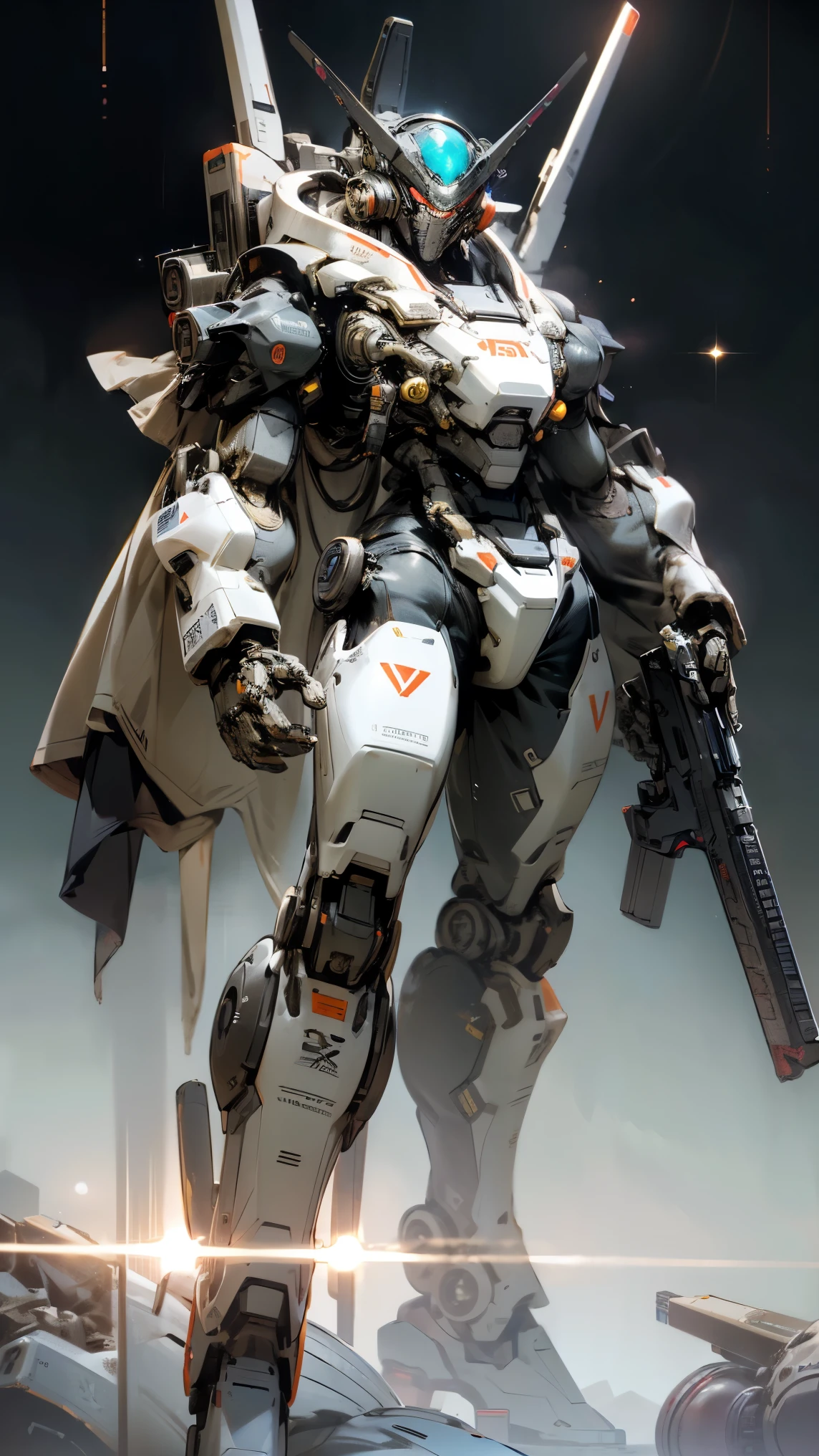 (1 robot、Giant Robot、mecha、massive、huge arms、huge legs、Total length: 28 meters、Precise machine、Fine details、humanoid robot、A bipedal robot、8 heads、In outer space)、Has a laser beam gun、Holding a gun、((32K、Ultra-high resolution、Ultra high definition、super high quality))、Parts Fine details