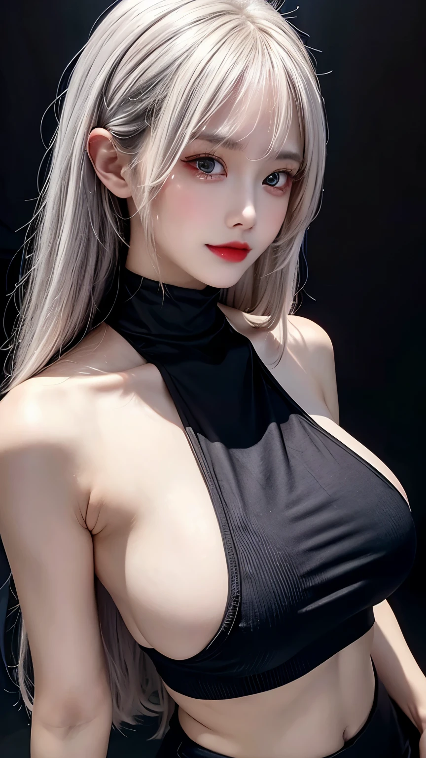 turtle girl， bangss， naked shoulders， Black pantsuit， cleavage of the breast， Breasts squeezed together， Solid gray background， hair between eyes，， length hair， View viewer， trouser， Parting lips， red eyes， lifiting shirt， simplebackground， Sleeveless， Sleeveless shirt， solo， highnecksweater， V-Arm， white  hair，（Shiny skin），（masterpaintings：1.4），（optimal quality：1.4），，，Facigirl，red lip，Perfect abs，Belly Navel，（：1.5），（Clear areola）， ，gargantuan，sweat leggs，The chest is exposed，Large big tits，Upper body photo，