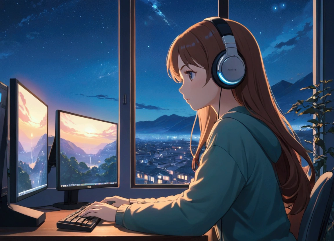 An anime illustration of a woman wearing headphones and intently looking at a PC while working on something. The scene is set by a window with a view of a nighttime , and the overall atmosphere reflects the soft, calming vibe of lofi music.