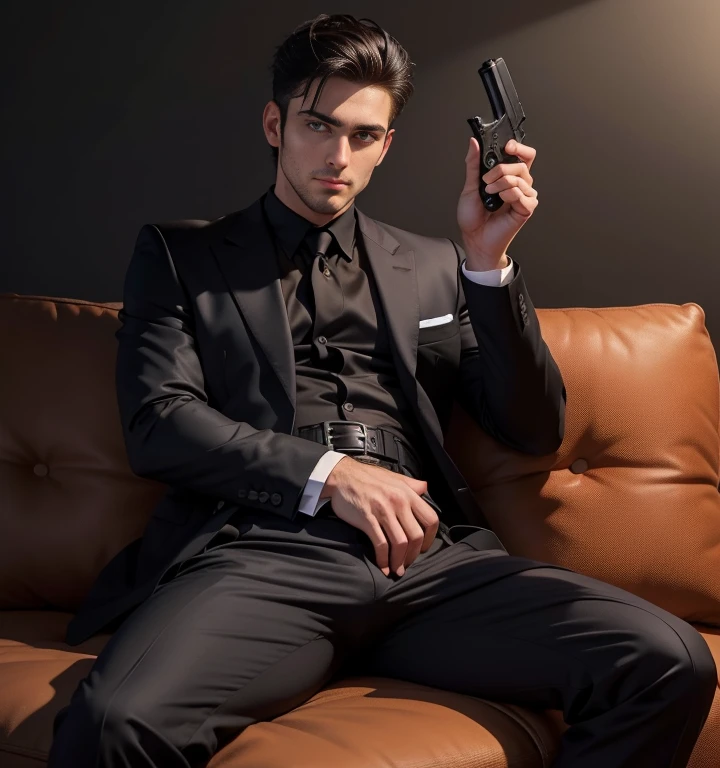 30 years old,One Man,Black Suit、mafia、Holiday Homes、Sit with your legs wide open、Hold a gun,logic,Gay ,Very short hair,Stubble,big eyes anime face。Cool handsome guy、Hermes Belt　The crotch area is bulging