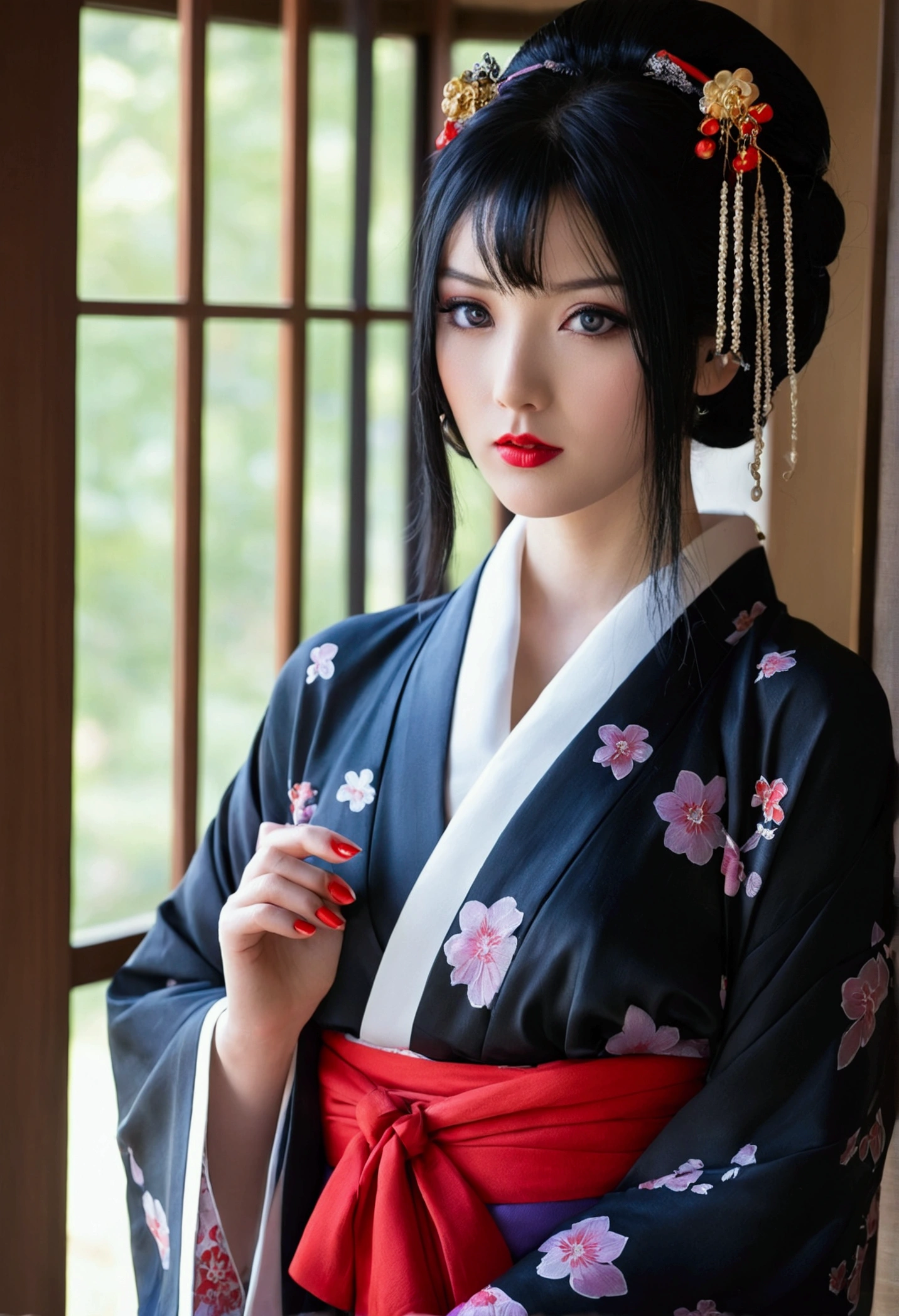 1 girl, alone, looking at the viewer, blue eyes, black hair, hair ornaments, Upper body, kimono, kimono, sash, compensate, lipstick, red nails, red lips, Hairpin,silk stockings ,See-through hakama， dark purple eyes，　,Open Crotch See-Through,Black face veil , black nylon , silk stockings ,See-through hakama、透けた黒い色のkimono　,sheer ,enamel high heels,pearl necklace,red collar,straight,　shortcut,　hair ornaments,