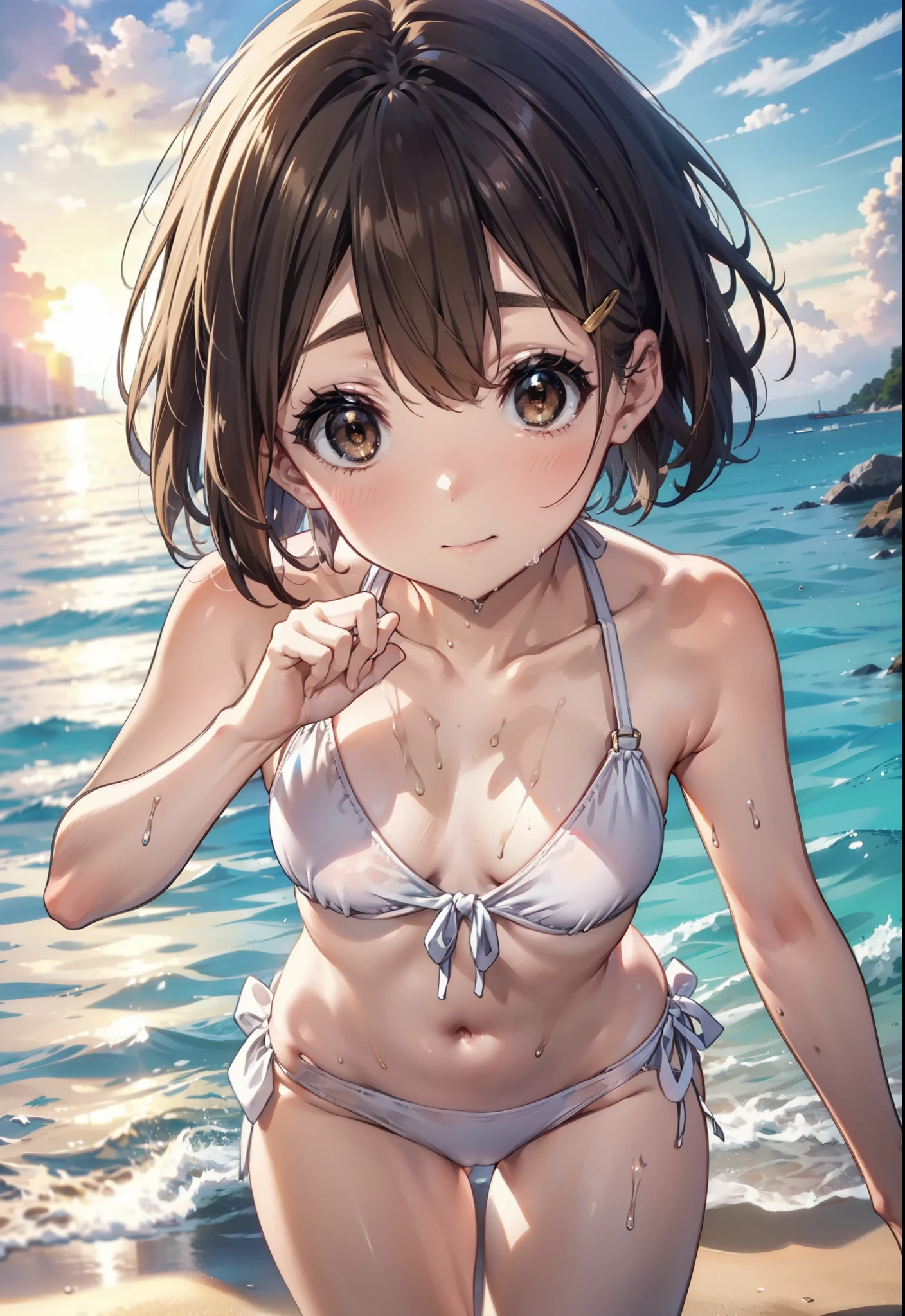 yuihirasawa, Yui Hirasawa, short hair, Brown Hair, hair ornaments, (Brown eyes:1.5), Hair Clip,smile,blush,White Bikini Swimsuit,barefoot,Wet Skin,Wet Hair,Wet swimsuit,sunset,evening,The sun is setting,Strolling on the sandy beach,whole bodyがイラストに入るように,
break oitdoors, Beach,
break looking at viewer, whole body,
break (masterpiece:1.2), Highest quality, High resolution, unity 8k wallpaper, (figure:0.8), (Beautiful attention to detail:1.6), Highly detailed face, Perfect lighting, Highly detailed CG, (Perfect hands, Perfect Anatomy),