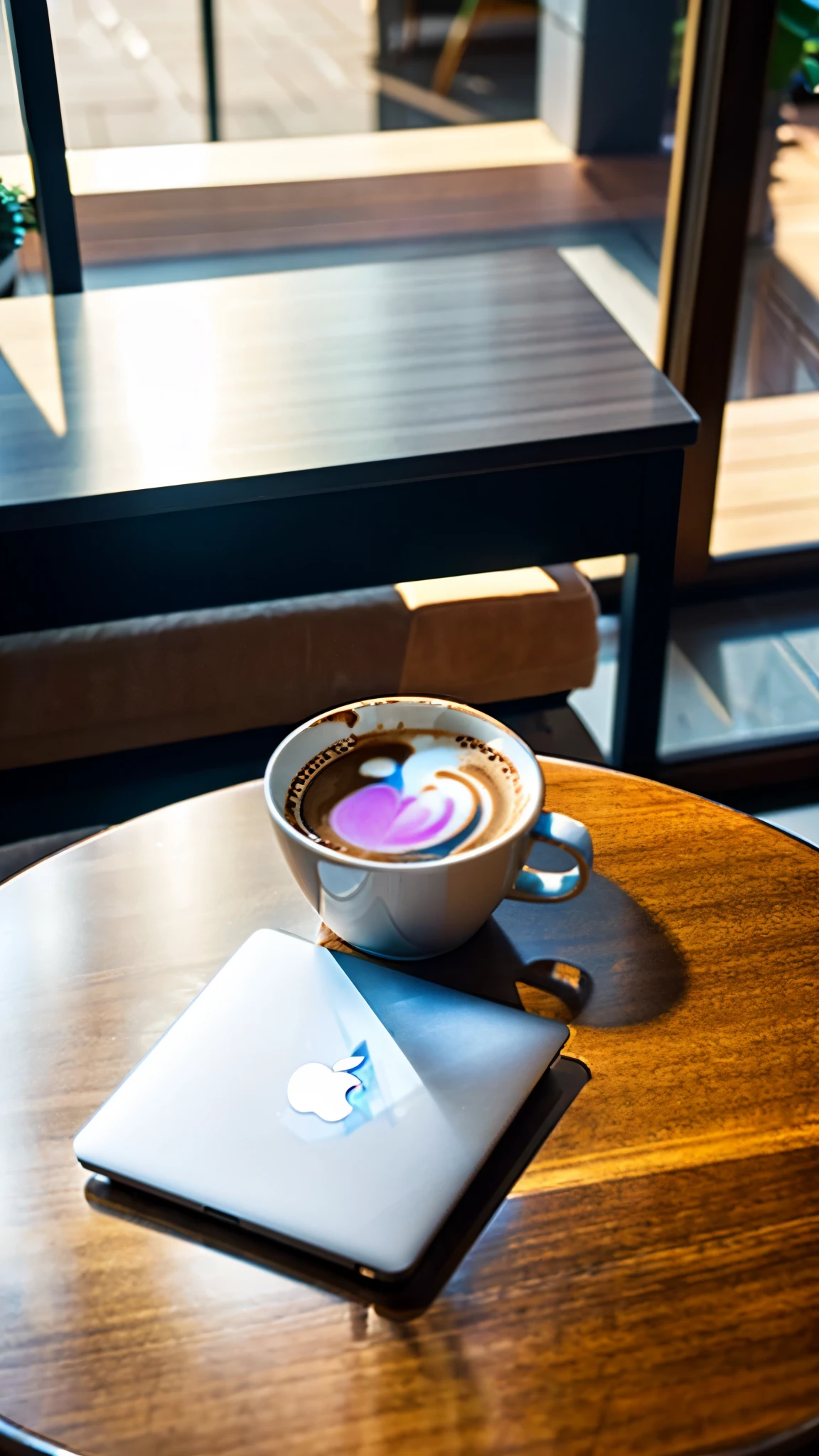 Photo taken from a top angle of a table that has a macbook and a cup of coffee on it in a fancy coffee shop. The image is incredibly detailed, professional, realistic and 4k quality. It was taken with a Sony AIV camera with a lens between 50mm and 100mm --ar 2:3
