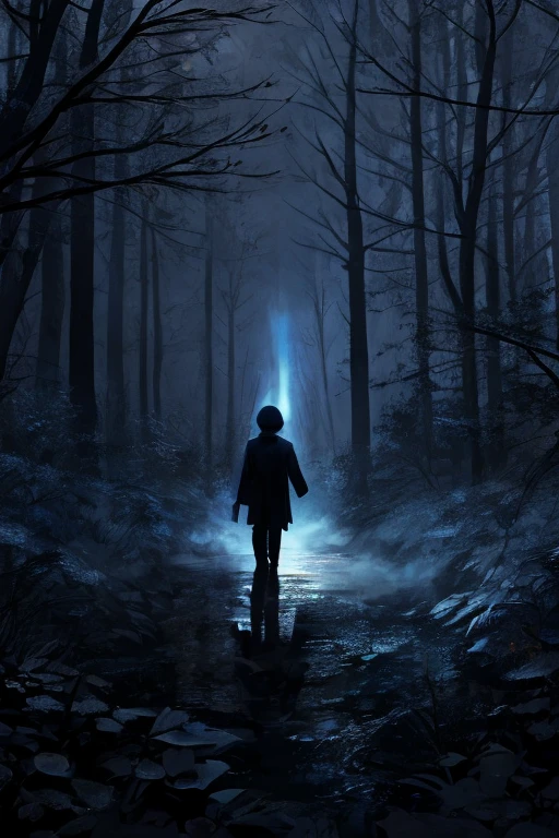 Create an ethereal and haunting image inspired by Soap&Skin's "Me and the Devil." The image should convey a dark, mystical atmosphere with elements such as shadowy figures, a moonlit night, and a melancholic expression. Use cool, muted colors like deep blues, grays, and blacks to evoke a sense of introspection and eerie beauty. Incorporate subtle hints of traditional blues motifs, such as an old guitar or a crossroad, blending them seamlessly with modern, minimalist design elements. The overall feel should be haunting, reflective, and deeply emotional.