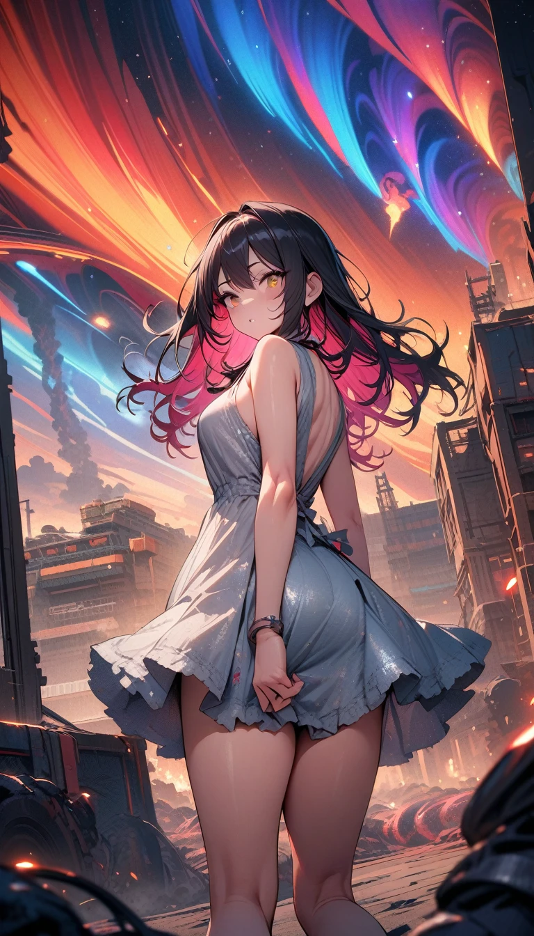 ((best quality)) , ((masterpiece)) , (detailed),Color splash, Ghostly Astronaut (Li Gong:1.3) , wearing Shabby Chic Wrap dress, has metallic plating, Colored hair, Fossil fuel power station in background,(starry tornado:1.4), starry Nebula, beautiful detailed sky